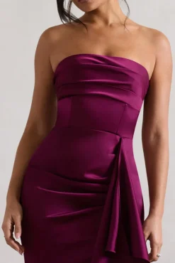 Ace | Plum Satin Bandeau Split Maxi Dress With Ruffle Drape