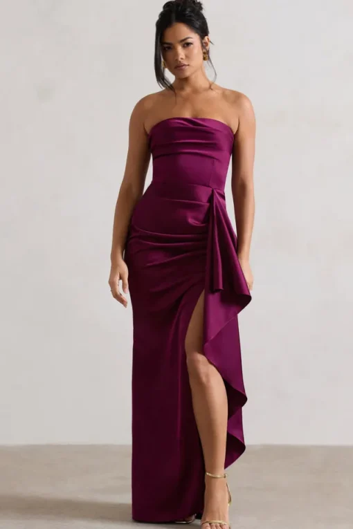 Ace | Plum Satin Bandeau Split Maxi Dress With Ruffle Drape