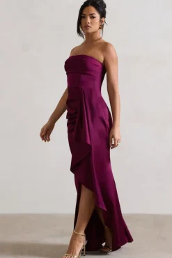 Ace | Plum Satin Bandeau Split Maxi Dress With Ruffle Drape
