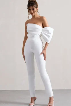 Adabella | White Satin Strapless One-Sleeve Straight-Leg Jumpsuit