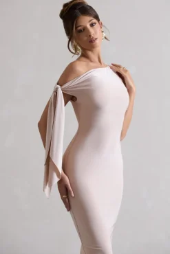 Adapt | Champagne Asymmetric Midi Dress With Tie Sleeve