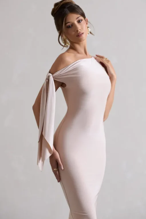 Adapt | Champagne Asymmetric Midi Dress With Tie Sleeve