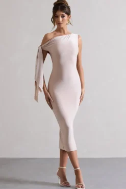 Adapt | Champagne Asymmetric Midi Dress With Tie Sleeve