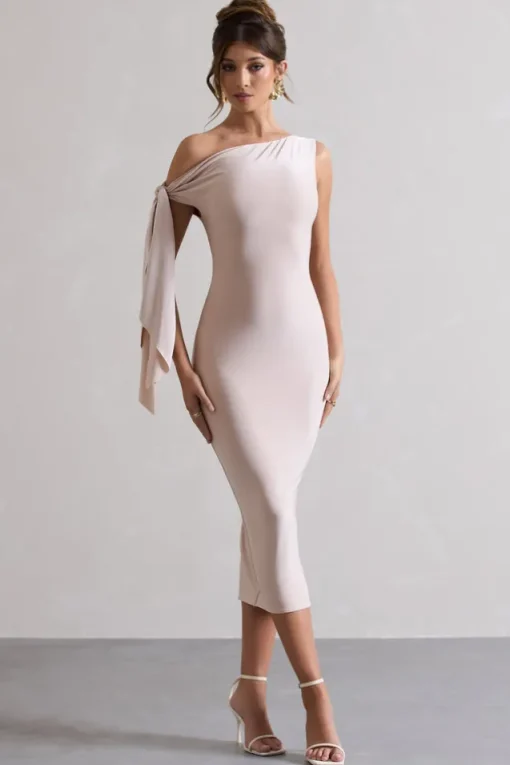 Adapt | Champagne Asymmetric Midi Dress With Tie Sleeve