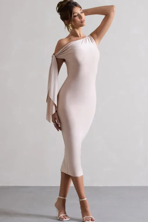 Adapt | Champagne Asymmetric Midi Dress With Tie Sleeve