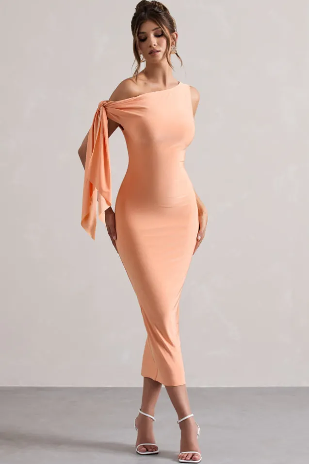 Adapt | Coral Asymmetric Midi Dress With Tie Sleeve