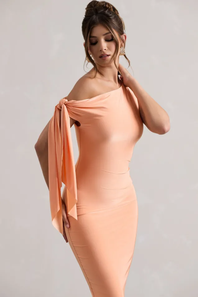 Adapt | Coral Asymmetric Midi Dress With Tie Sleeve