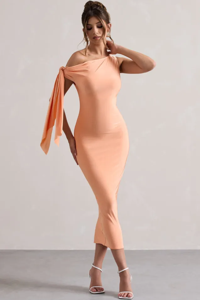 Adapt | Coral Asymmetric Midi Dress With Tie Sleeve