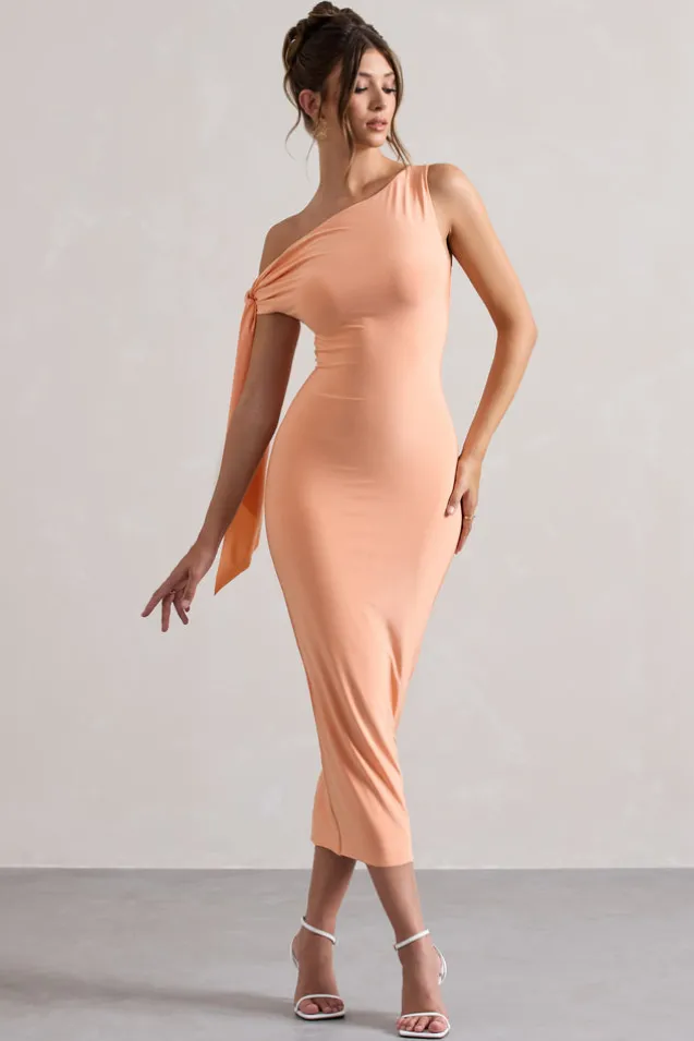 Adapt | Coral Asymmetric Midi Dress With Tie Sleeve