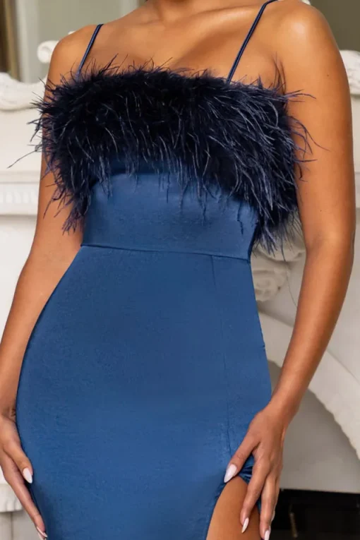 Add The Drama | Navy Square Neck Maxi Dress With Feather Trim