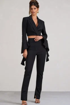 Addilyn | Black Cotton-Blend Tailored Straight-Leg Split Trousers