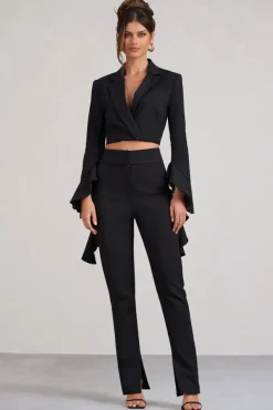 Addilyn | Black Cotton-Blend Tailored Straight-Leg Split Trousers