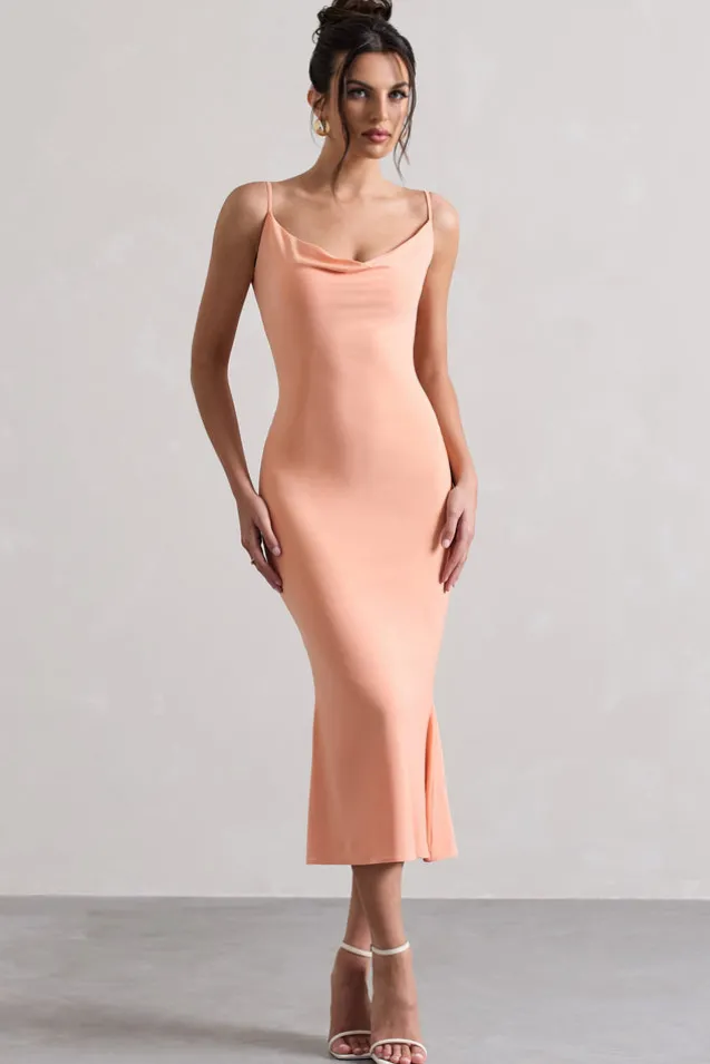 Addison | Coral Cowl-Neck Open-Back Midi Dress With Lace