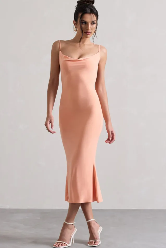 Addison | Coral Cowl-Neck Open-Back Midi Dress With Lace
