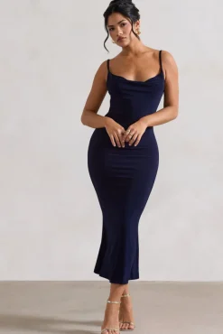 Addison | Navy Cowl-Neck Open-Back Midi Dress With Lace