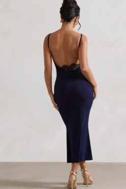 Addison | Navy Cowl-Neck Open-Back Midi Dress With Lace