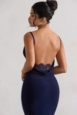 Addison | Navy Cowl-Neck Open-Back Midi Dress With Lace