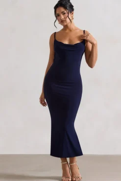 Addison | Navy Cowl-Neck Open-Back Midi Dress With Lace
