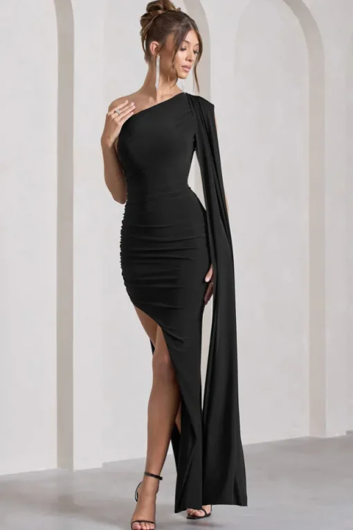 Adelaide | Black Asymmetric Sleeveless Split Maxi Dress