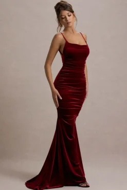 Adele | Berry Velvet Ruched Strappy Fishtail Maxi Dress