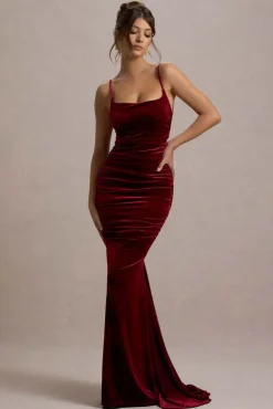 Adele | Berry Velvet Ruched Strappy Fishtail Maxi Dress