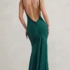 Adele | Bottle Green Backless Ruched Fishtail Cami Maxi Dress