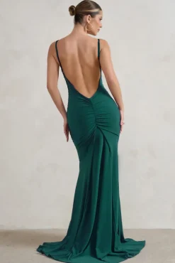 Adele | Bottle Green Backless Ruched Fishtail Cami Maxi Dress