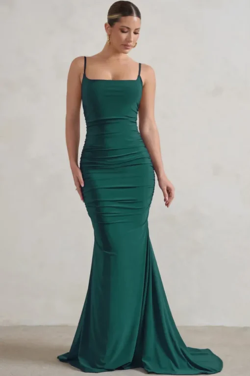 Adele | Bottle Green Backless Ruched Fishtail Cami Maxi Dress
