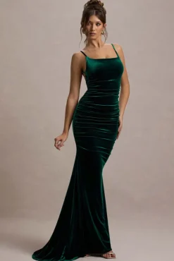 Adele | Bottle Green Velvet Ruched Strappy Fishtail Maxi Dress