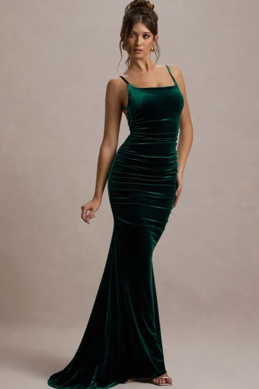 Adele | Bottle Green Velvet Ruched Strappy Fishtail Maxi Dress