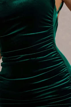 Adele | Bottle Green Velvet Ruched Strappy Fishtail Maxi Dress