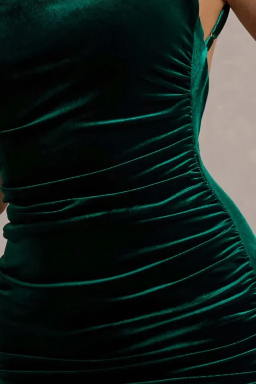 Adele | Bottle Green Velvet Ruched Strappy Fishtail Maxi Dress