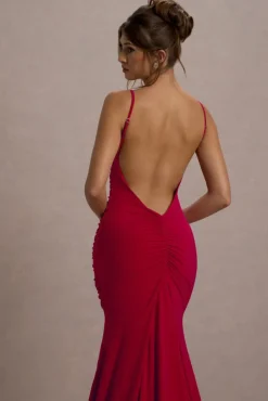 Adele | Red Ruched Fishtail Cami Maxi Dress