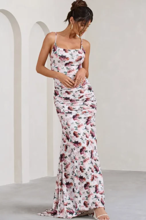 Adele | White Floral Print Backless Ruched Fishtail Cami Maxi Dress
