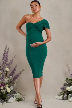 Admired | Bottle Green Ruched One-Shoulder Maternity Midi Dress