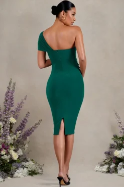 Admired | Bottle Green Ruched One-Shoulder Maternity Midi Dress