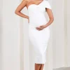 Admired | White Ruched One-Shoulder Maternity Midi Dress