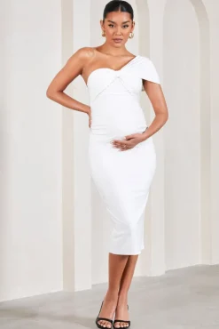 Admired | White Ruched One-Shoulder Maternity Midi Dress