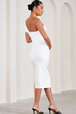 Admired | White Ruched One-Shoulder Maternity Midi Dress