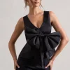 Adoration | Black Satin Plunge-Neck Top With Bow