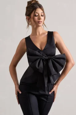 Adoration | Black Satin Plunge-Neck Top With Bow