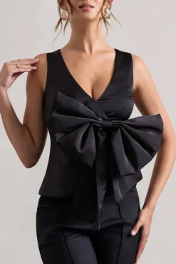 Adoration | Black Satin Plunge-Neck Top With Bow