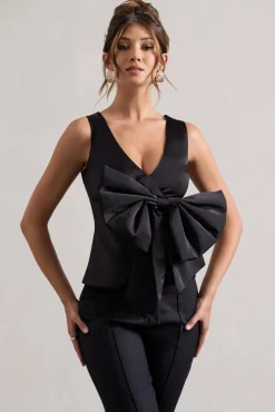 Adoration | Black Satin Plunge-Neck Top With Bow