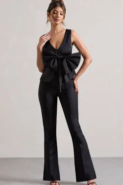 Adoration | Black Satin Plunge-Neck Top With Bow