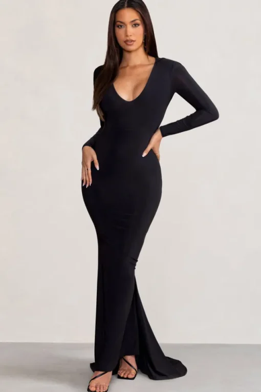 Adore | Black Long Sleeve Plunge Maxi Dress with Hood