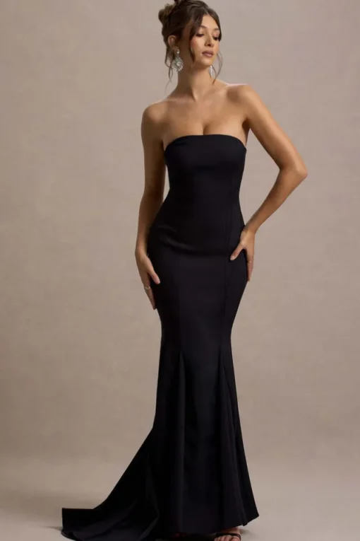 Adored | Black Strapless Structured Fishtail Maxi Dress