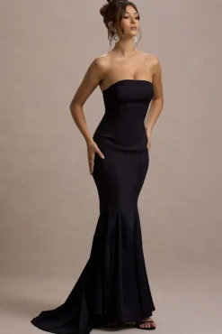 Adored | Black Strapless Structured Fishtail Maxi Dress