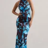 Adoria | Floral Print Satin High-Neck Maxi Dress