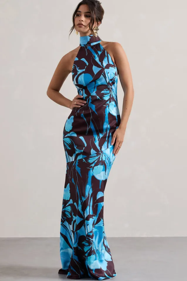 Adoria | Floral Print Satin High-Neck Maxi Dress