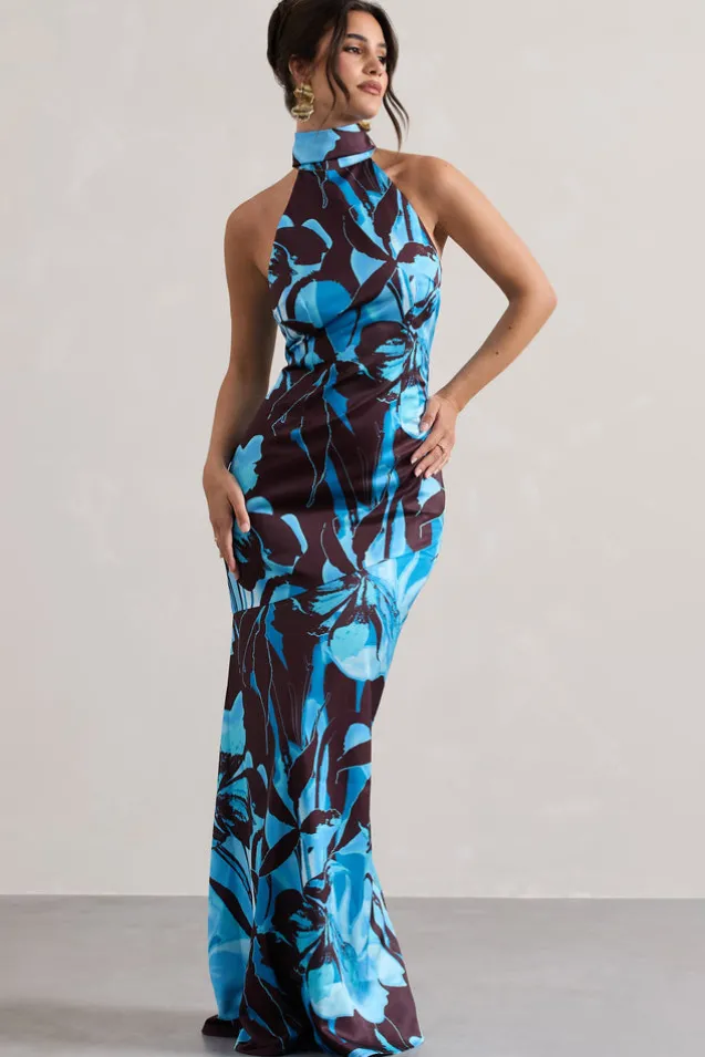 Adoria | Floral Print Satin High-Neck Maxi Dress